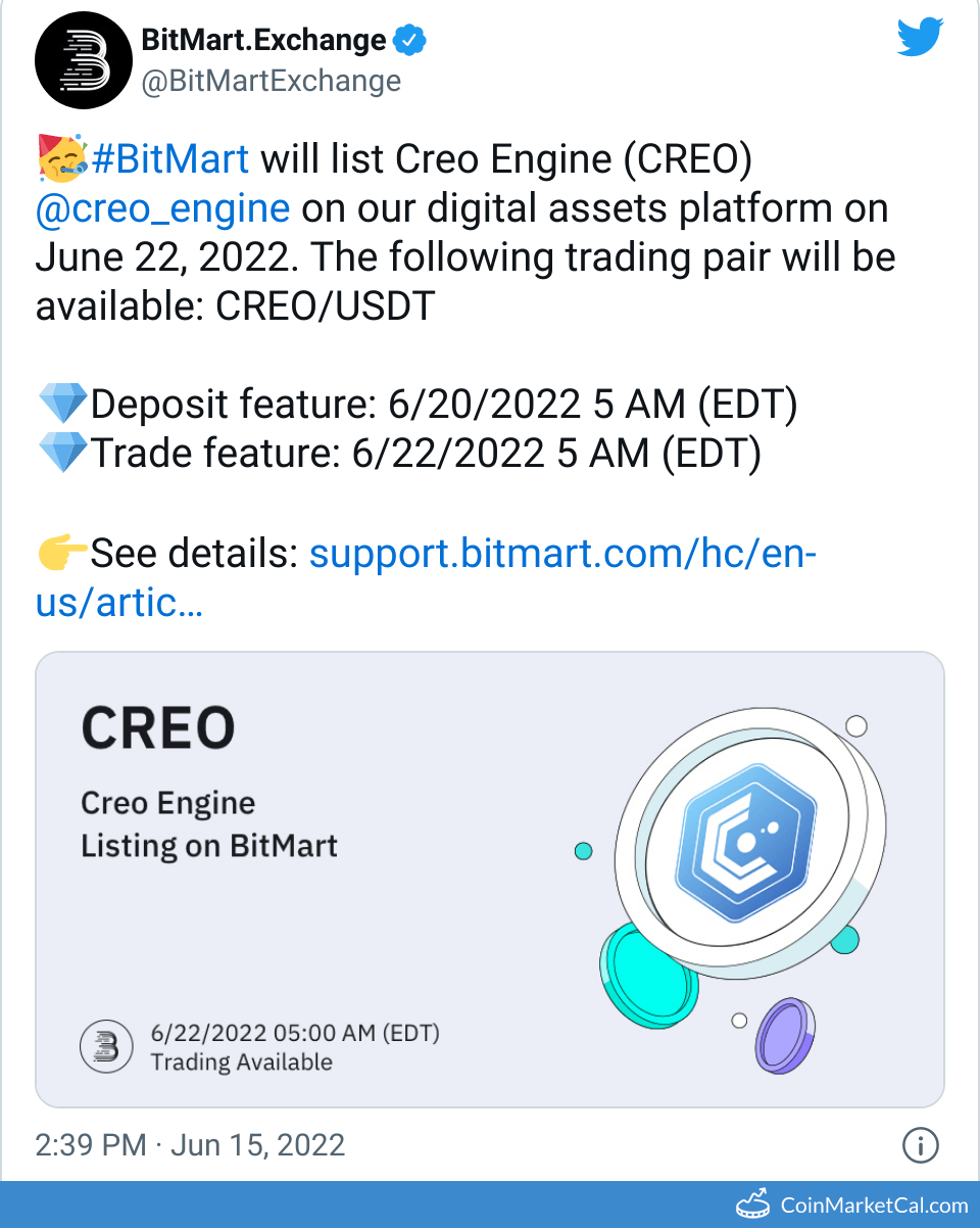 Creo Engine BitMart Listing