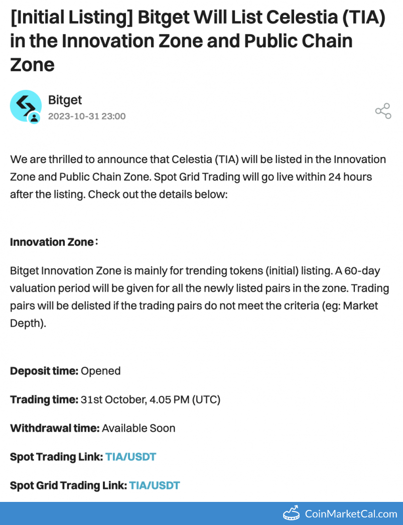 Celestia (TIA) - Bitget Listing