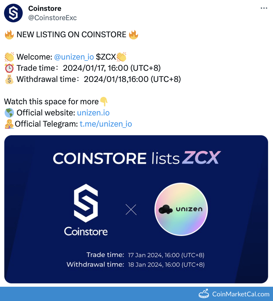 Unizen (ZCX) - CoinstoreExc Listelemesi