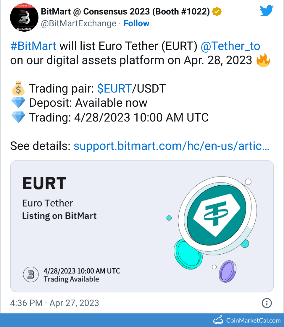EURt Tether EURt Price Today, Live Coin Chart & USD/USDT Rates | DropsTab